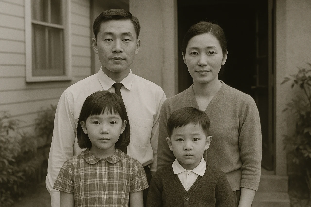 An old black-and-white photograph of an Asian family outside their home